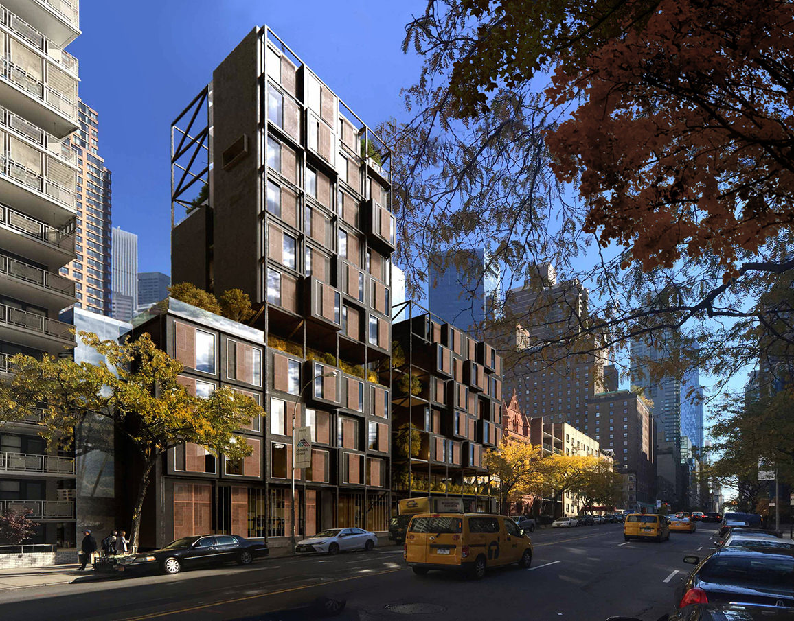 Rendu architectural 3D d’un immeuble résidentiel de New York, entouré d’un ciel dégagé et d’arbres aux couleurs d’automne