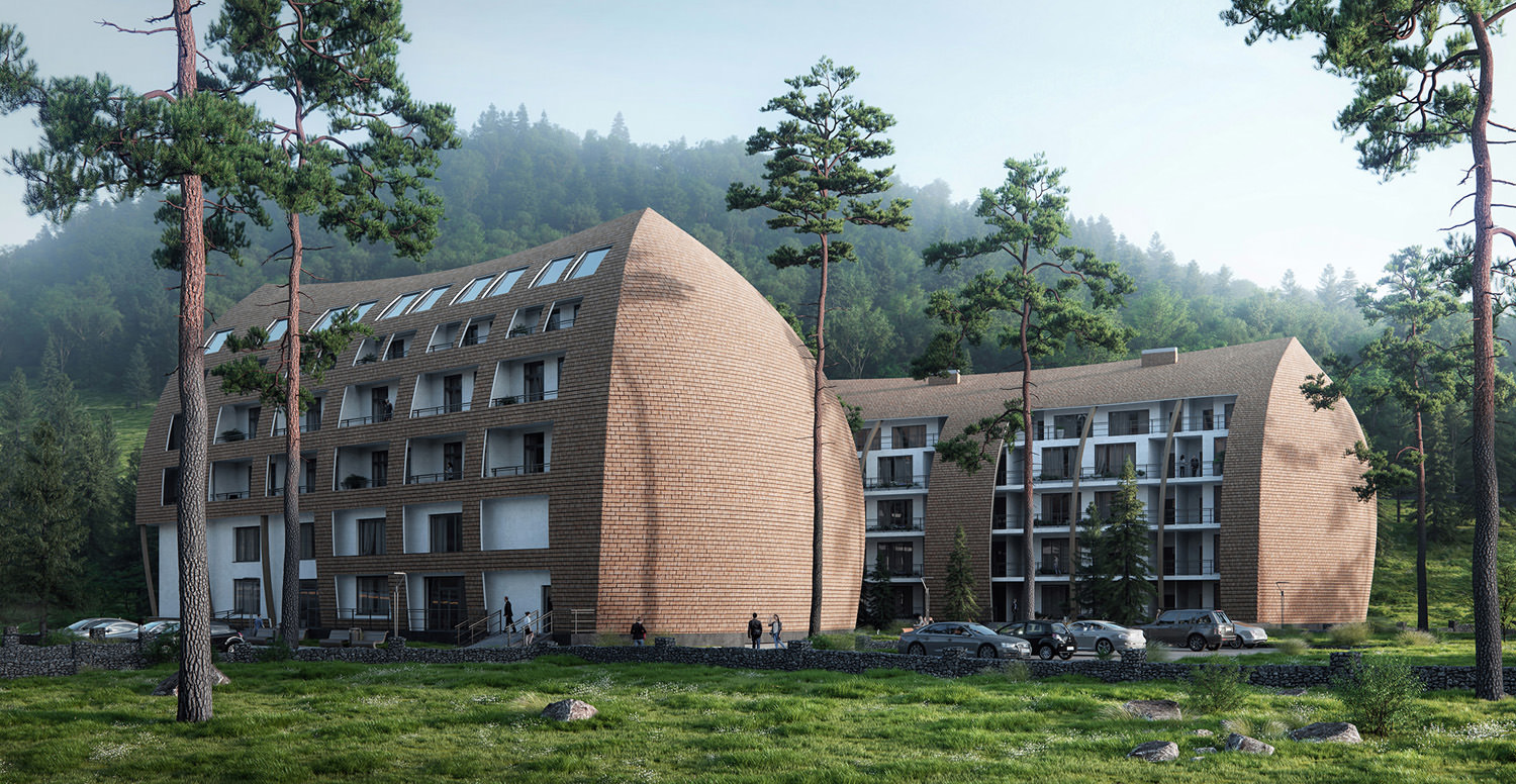 Visualisation 3D photoréaliste d’un complexe résidentiel dans un village sportif avec une présentation détaillée de l’édifice et des environs