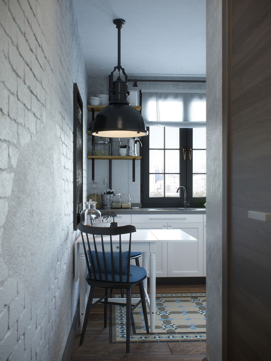 Visualisation intérieure photoréaliste de la cuisine avec table blanche et chaises noires