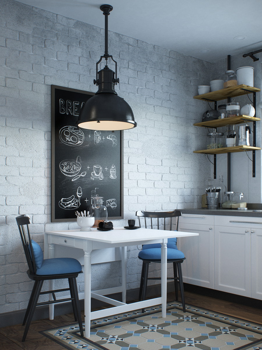 Rendu intérieur de grande qualité de la cuisine avec table blanche et chaises contrastantes