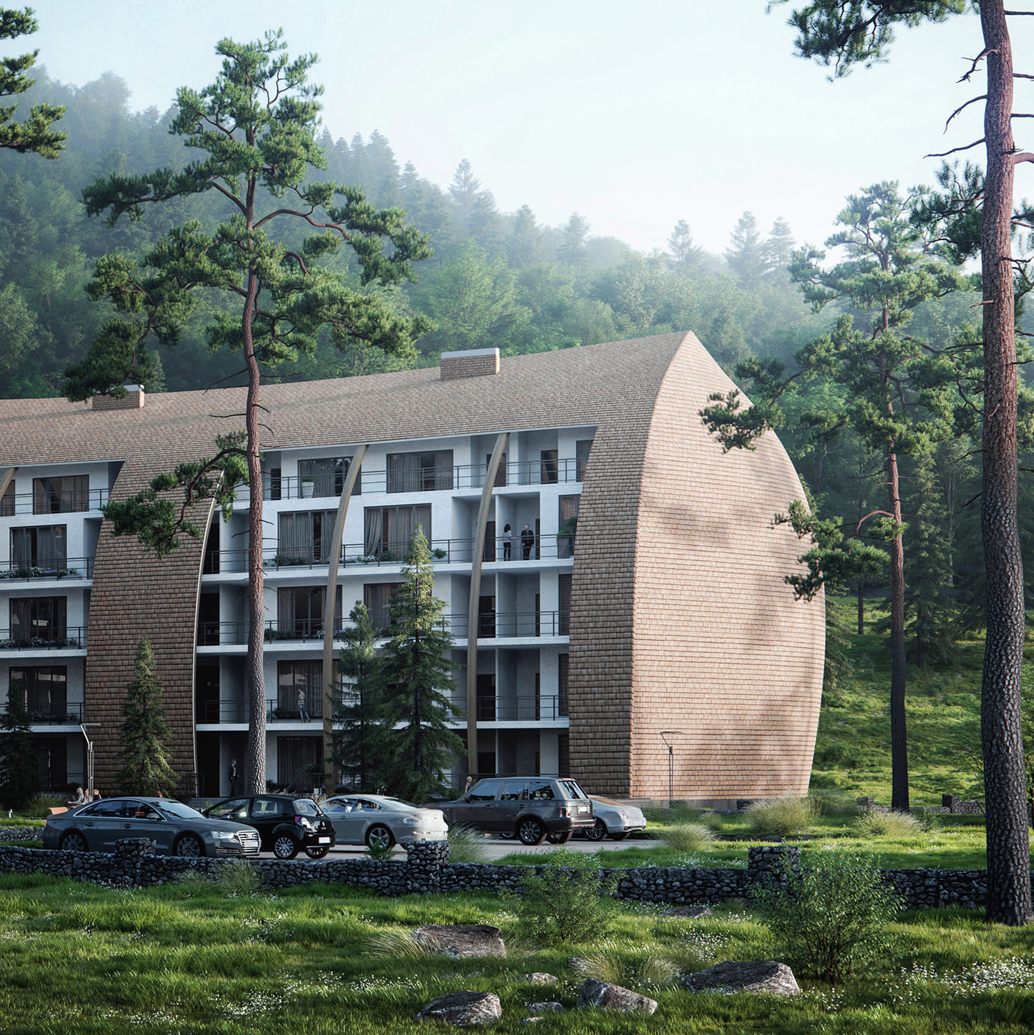 Vue en angle d’un rendu architectural 3D photoréaliste du complexe résidentiel dans un village sportif