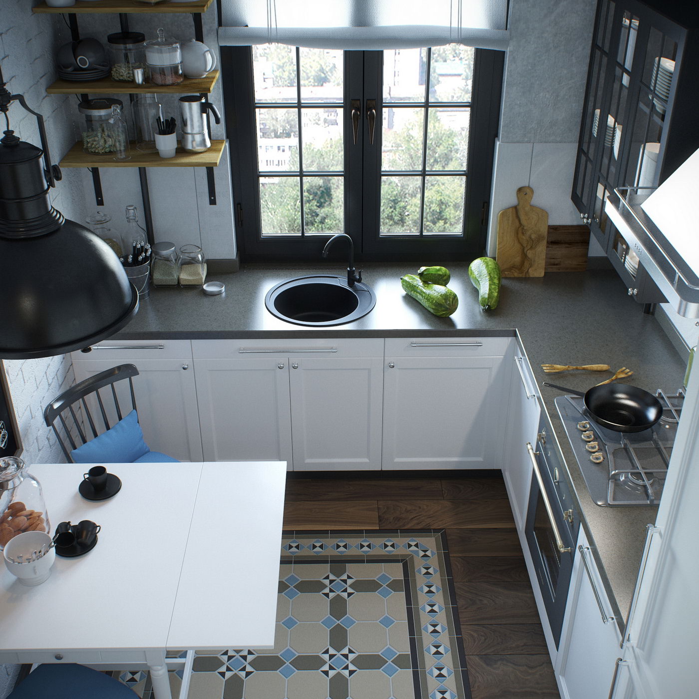Visualisation en plongée photoréaliste du coin-repas, de la surface de cuisson et de l’espace de lavage de la cuisine