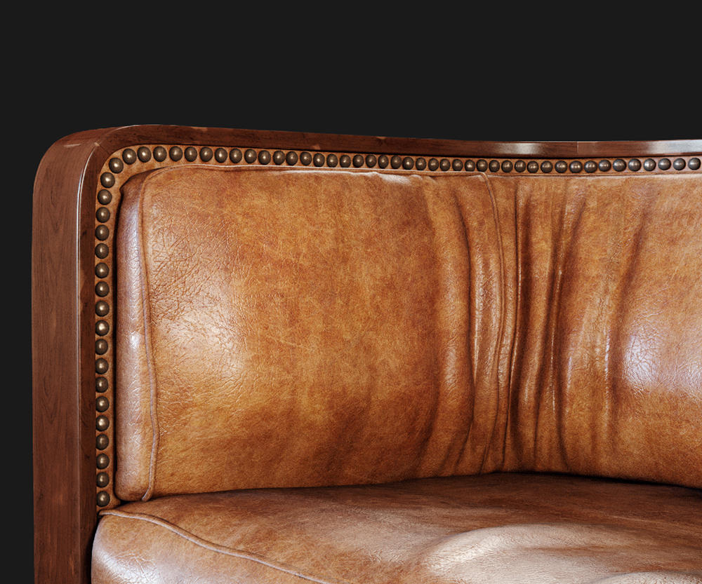 Rendu en gros plan photoréaliste du coin d’un sofa en cuir avec éléments de décor et plis du cuir