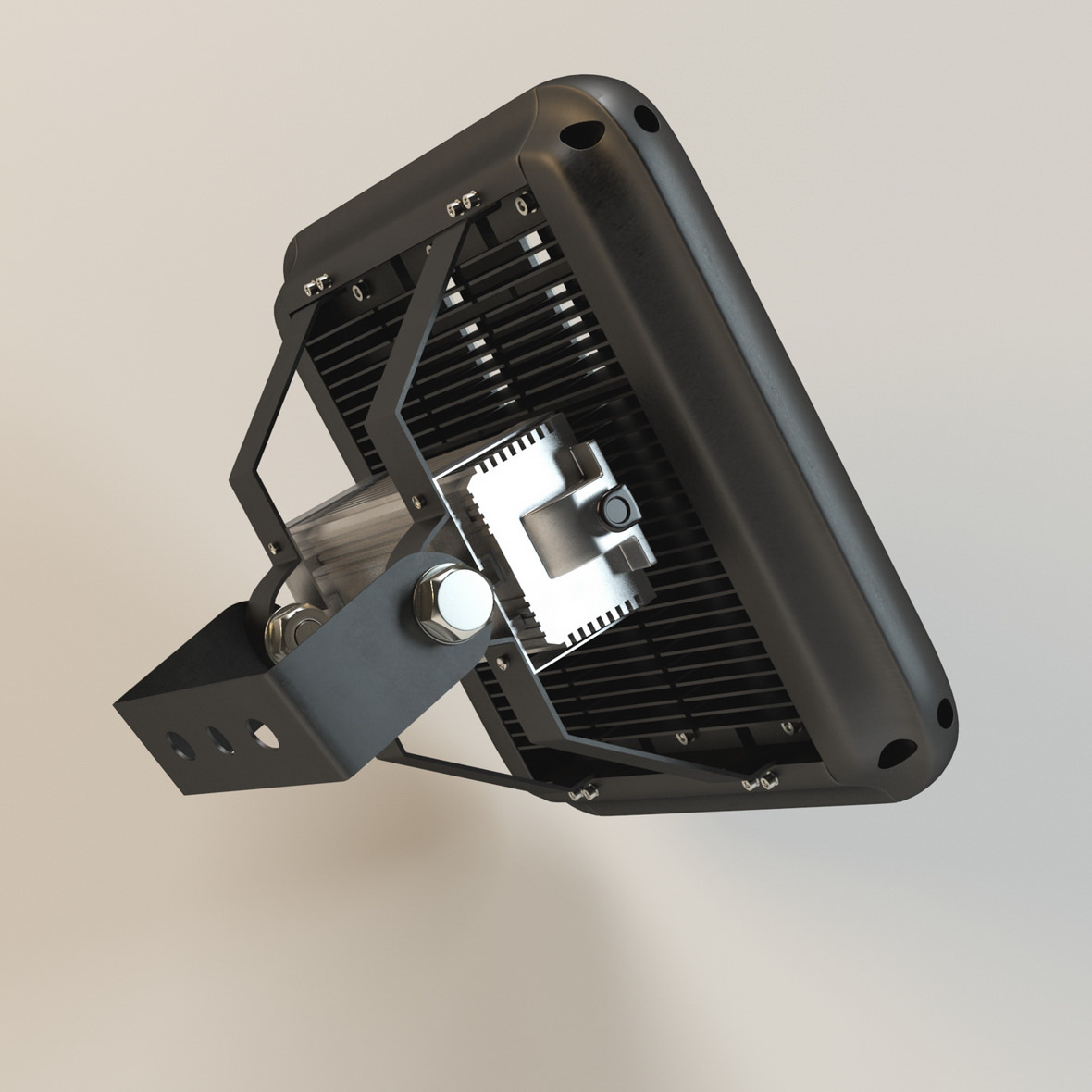 Vue arrière 3D d’un luminaire industriel à DEL dans un boîtier noir