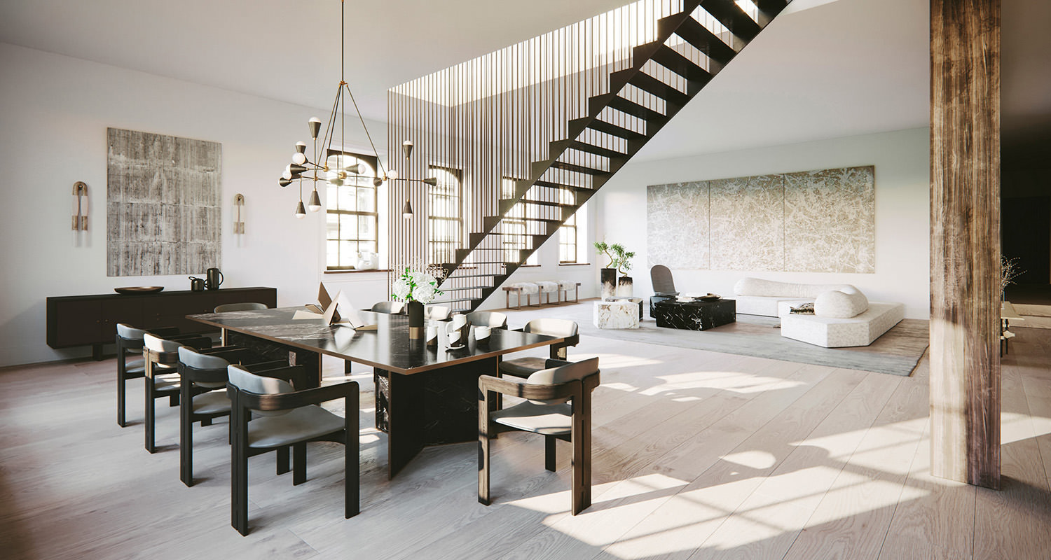 Rendu 3D photoréaliste d’une salle à manger avec mobilier en marbre et en bois, un escalier en acier noirci menant au toit dans un appartement de type loft