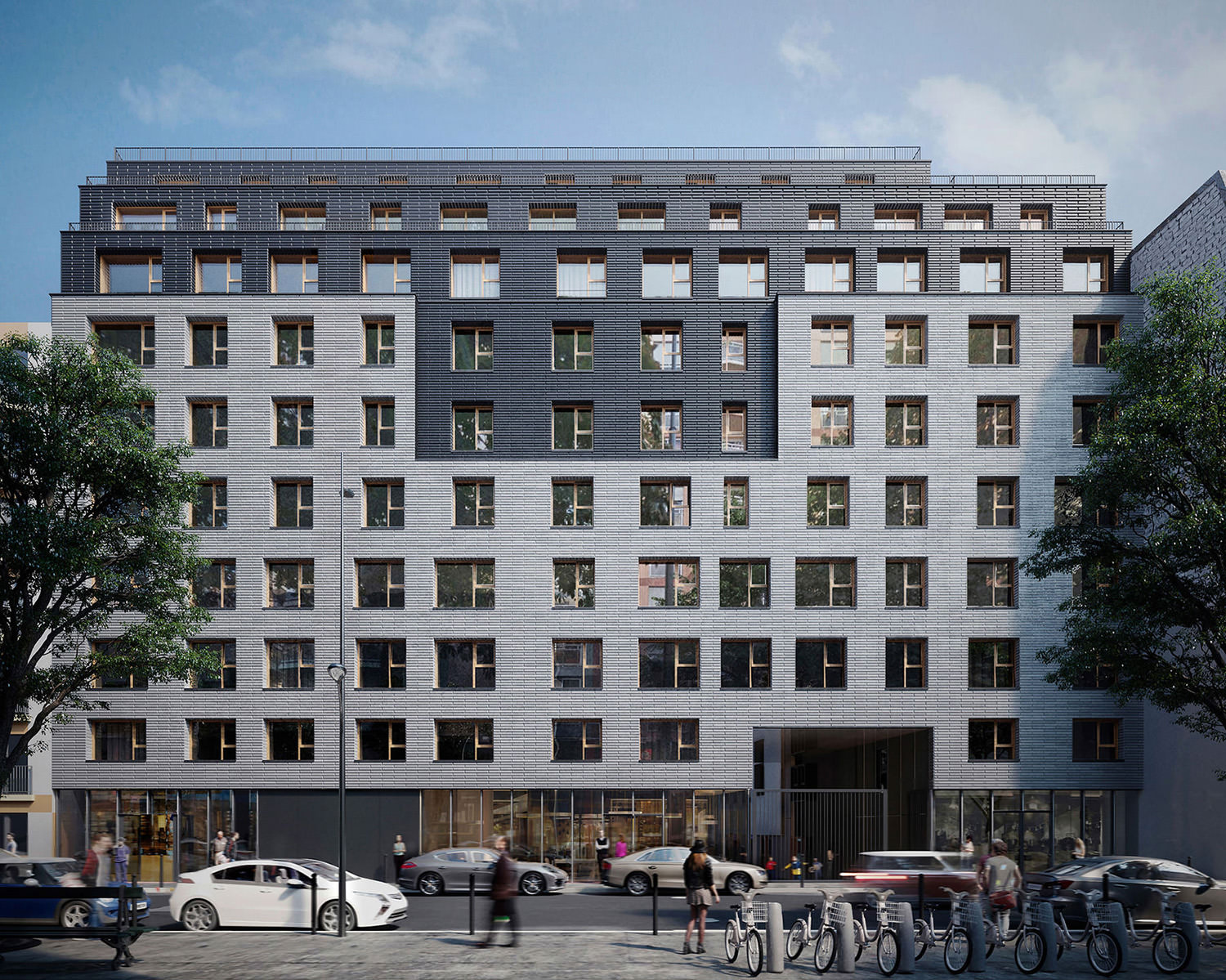 Visualisation photoréaliste de condos résidentiels à Paris, rendu extérieur 3D de la façade avant avec gens, voitures et stationnement pour vélos