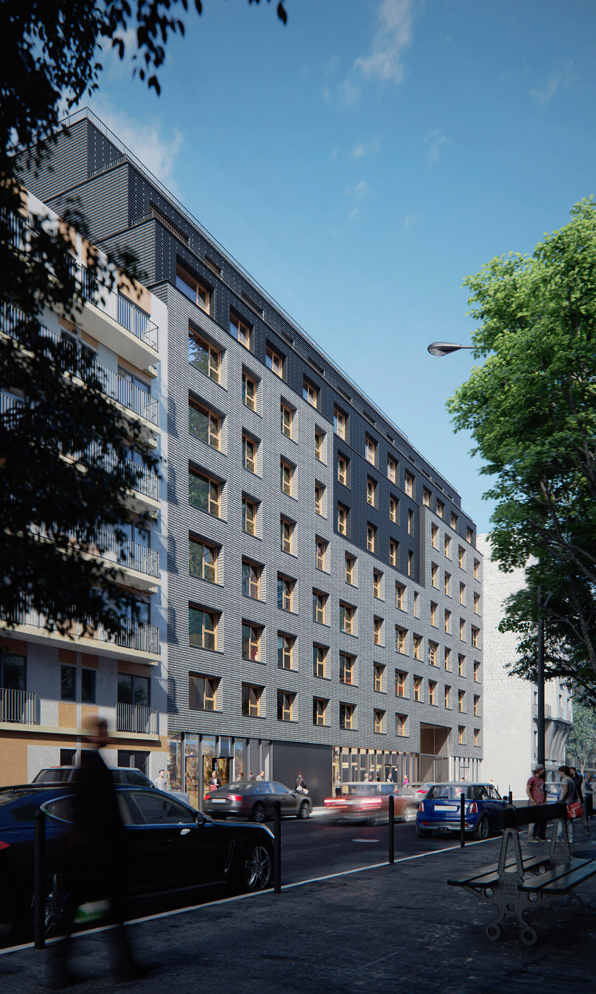 Rendu architectural 3D de la vue de côté des condos résidentiels à Paris sur fond urbain