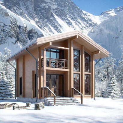 Visualisation extérieure 3d du pavillon des visiteurs d’une station de ski en Géorgie