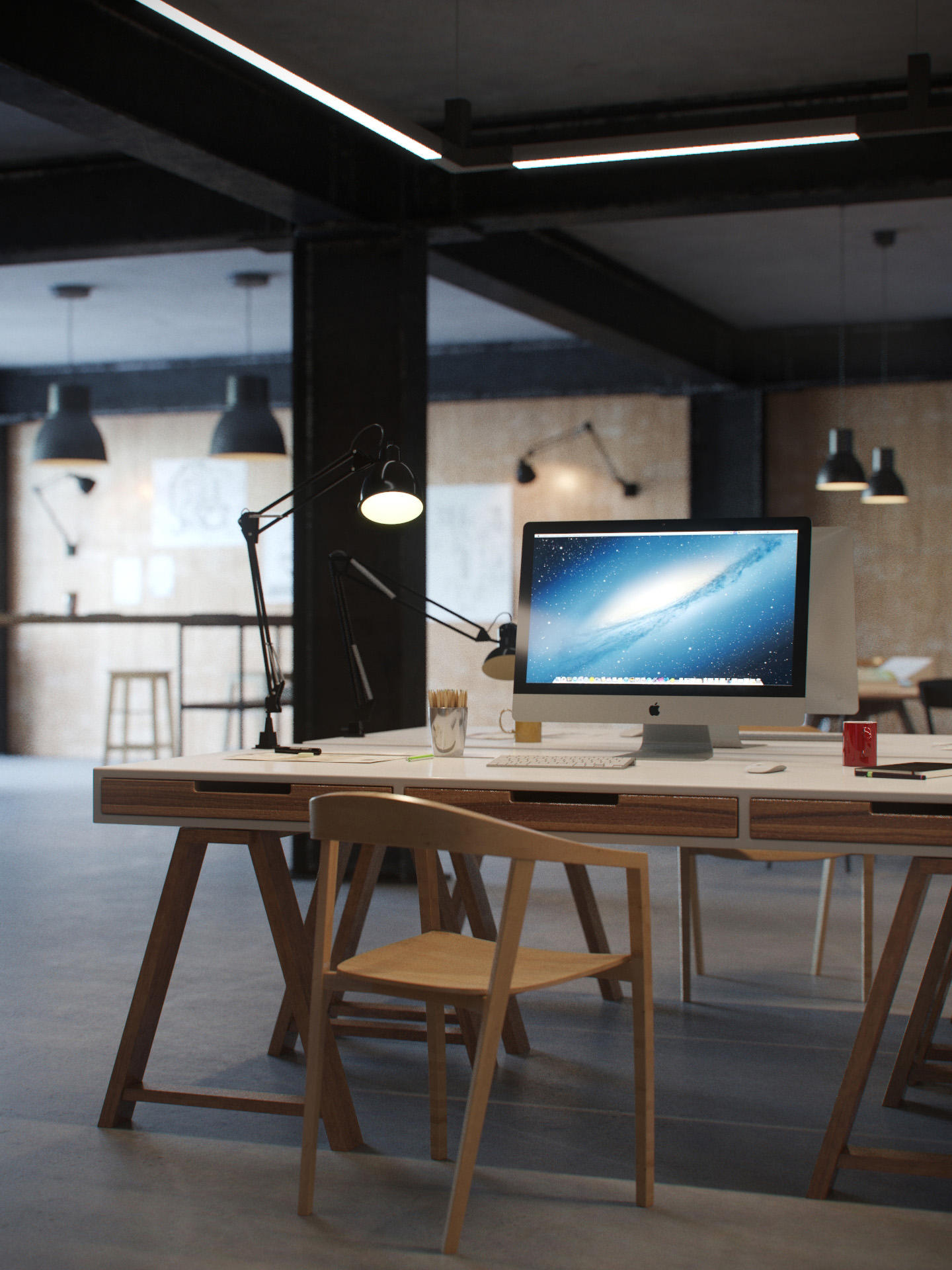 Rendu intérieur 3D d’un espace de travail avec bureaux, chaises, ordinateurs, papeterie et lampes de lecture