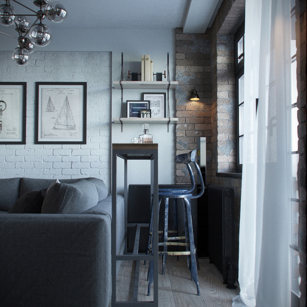 Rendu intérieur photoréaliste d’un bar avec chaises métalliques placées entre le sofa et la fenêtre