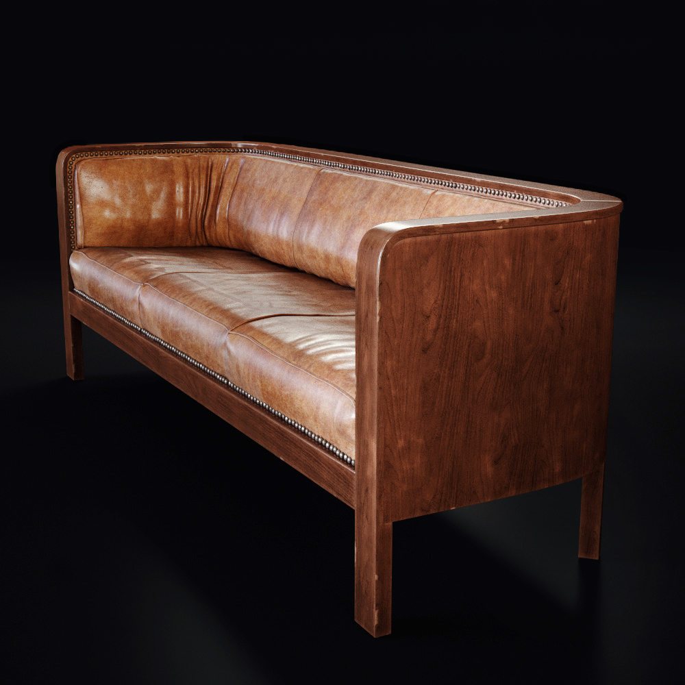 Visualisation 3D de grande qualité de la vue latérale d’un sofa en cuir avec cadre en bois
