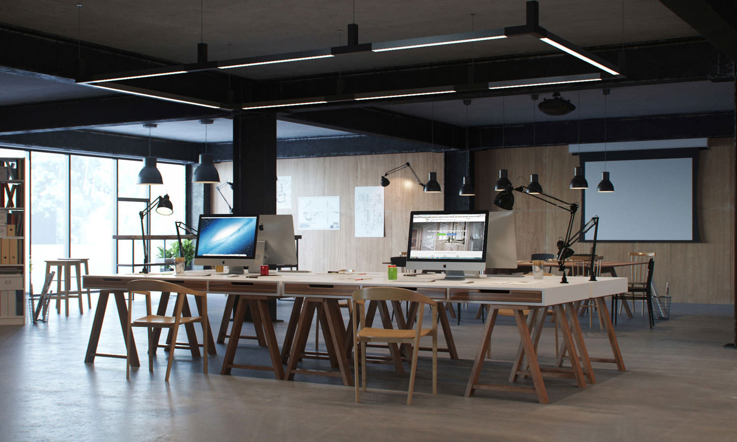 Design intérieur 3D d’un espace de travail avec bureaux et chaises