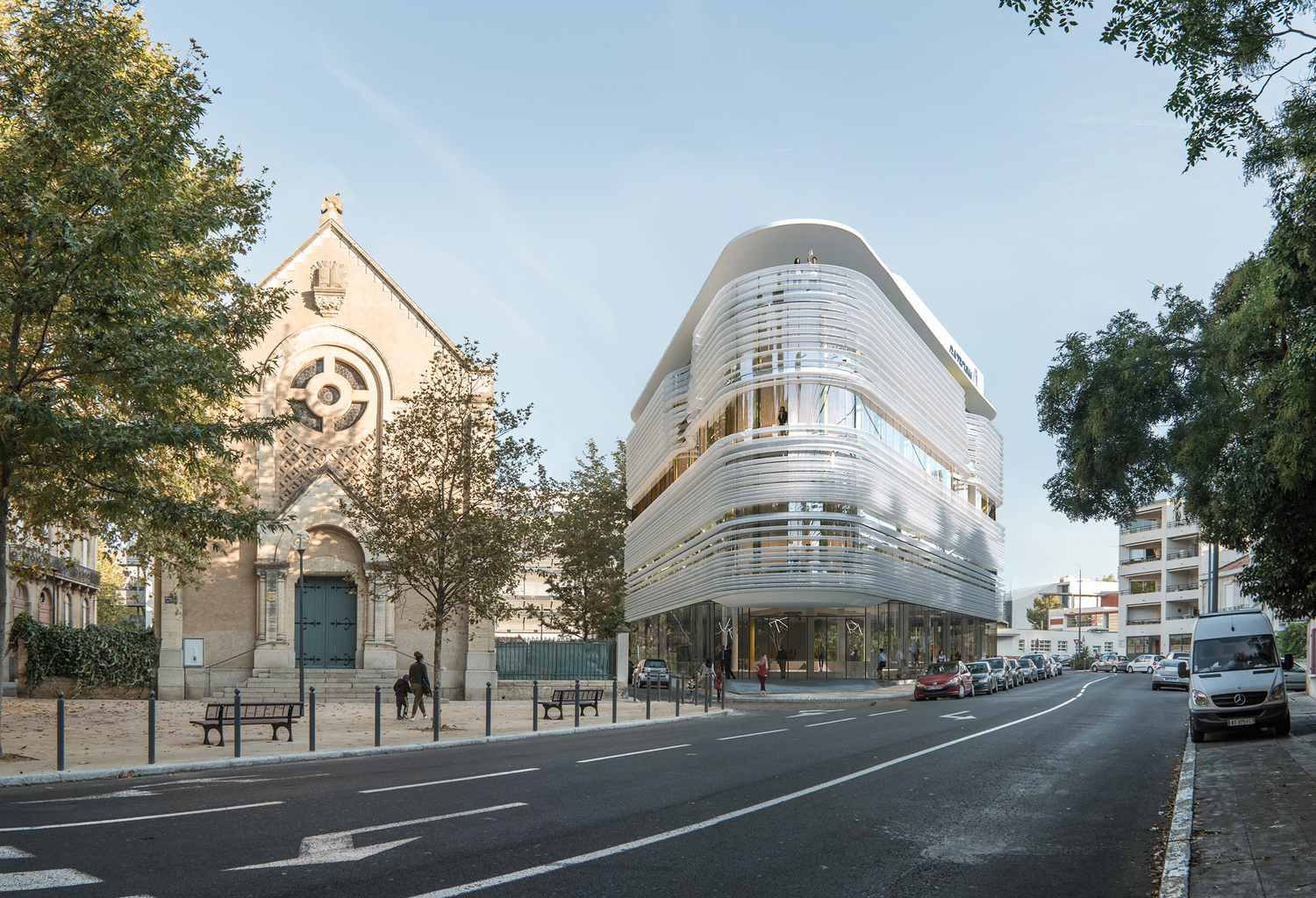 Insertion dans une photo de jour d’un centre d’affaires modélisé en 3D dans son paysage existant de la ville de Béziers en France