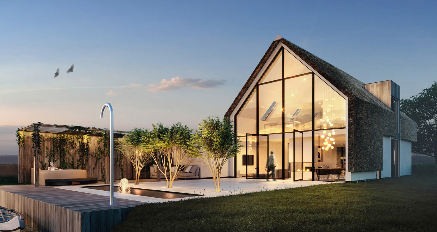 Visualisation 3D photoréaliste d’une maison aux Pays-Bas munie d’un espace habitable visible à partir de la façade en verre et d’un espace extérieur bien équipé avec terrasse, fontaine et salle de bain