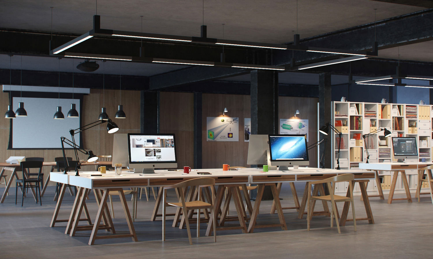 Visualisation intérieure 3D haut de gamme d’espaces de travail avec bureaux, chaises, ordinateurs, papeterie et lampes de lecture