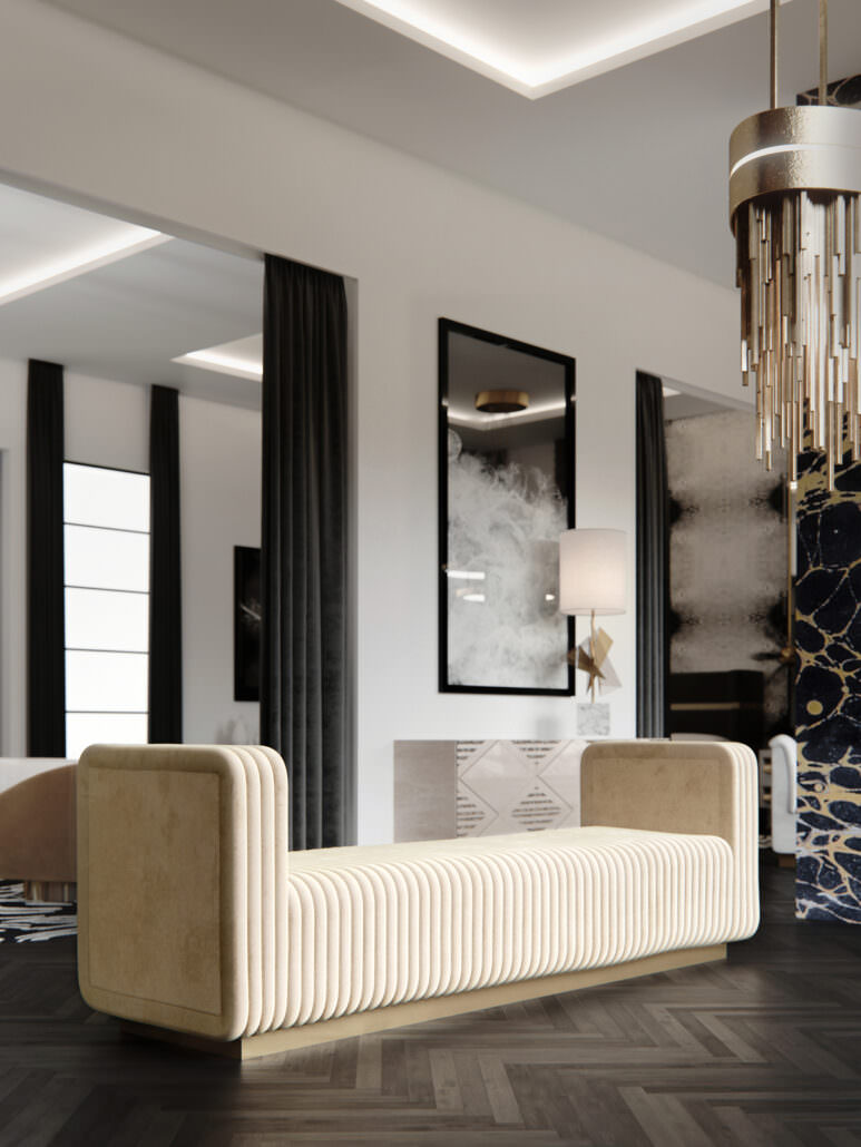 Visualisation 3D de meubles d'un canapé design en daim crème côtelé au premier plan dans l'intérieur noir et blanc