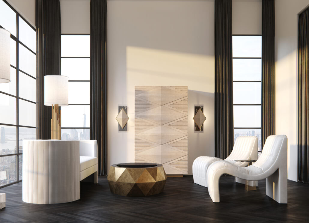 Rendu 3D d'un appartement New York avec des baies vitrées, des fauteuils en cuir, un canapé en daim blanc et une table dorée en forme de diamant entre eux