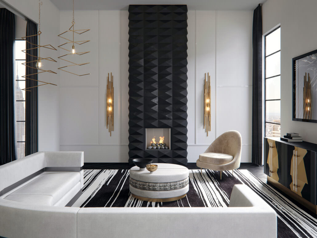 Visualisation 3D d'un appartement de show room moderne à New York réalisé dans une palette de couleurs noir et blanc avec des accents dorés, avec un accent principal sur les meubles design: canapés, fauteuils, armoires, luminaires