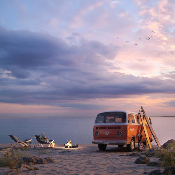 Vacances du combi Volkswagen vintage rouge au bord de l’océan