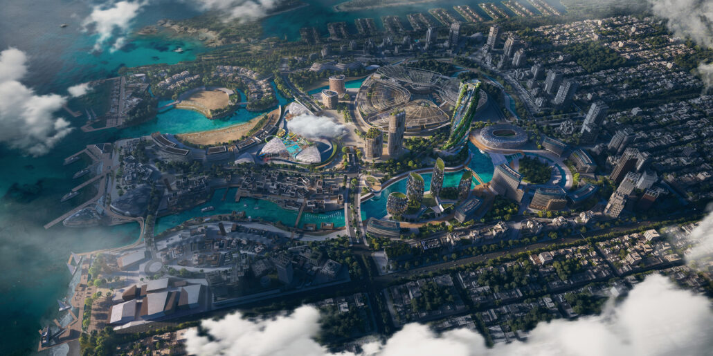Une vue aérienne créée entièrement en 3D d'un quartier résidentiel végétalisé très futuriste entouré d'un parc aquatique développé au bord de la mer Rouge