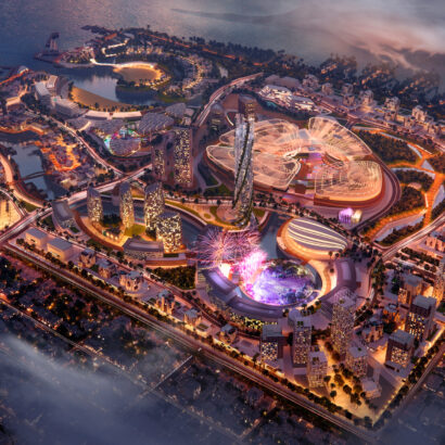 Visualisation aérienne d’un quartier luxueux futuriste aux côtes de la mer Rouge