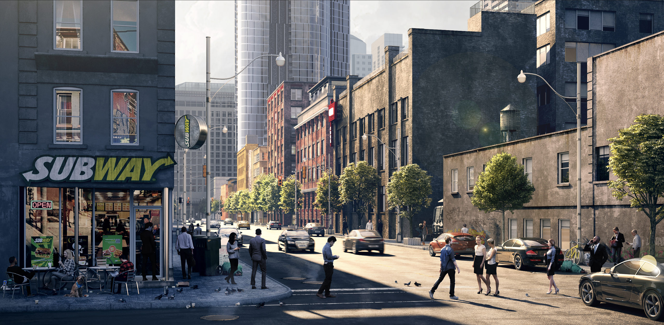 Gros plan extérieur en 3D sur une rue animée au milieu à la lumière du jour avec des piétons qui traversent la rue et une terrasse de Subway au premier plan