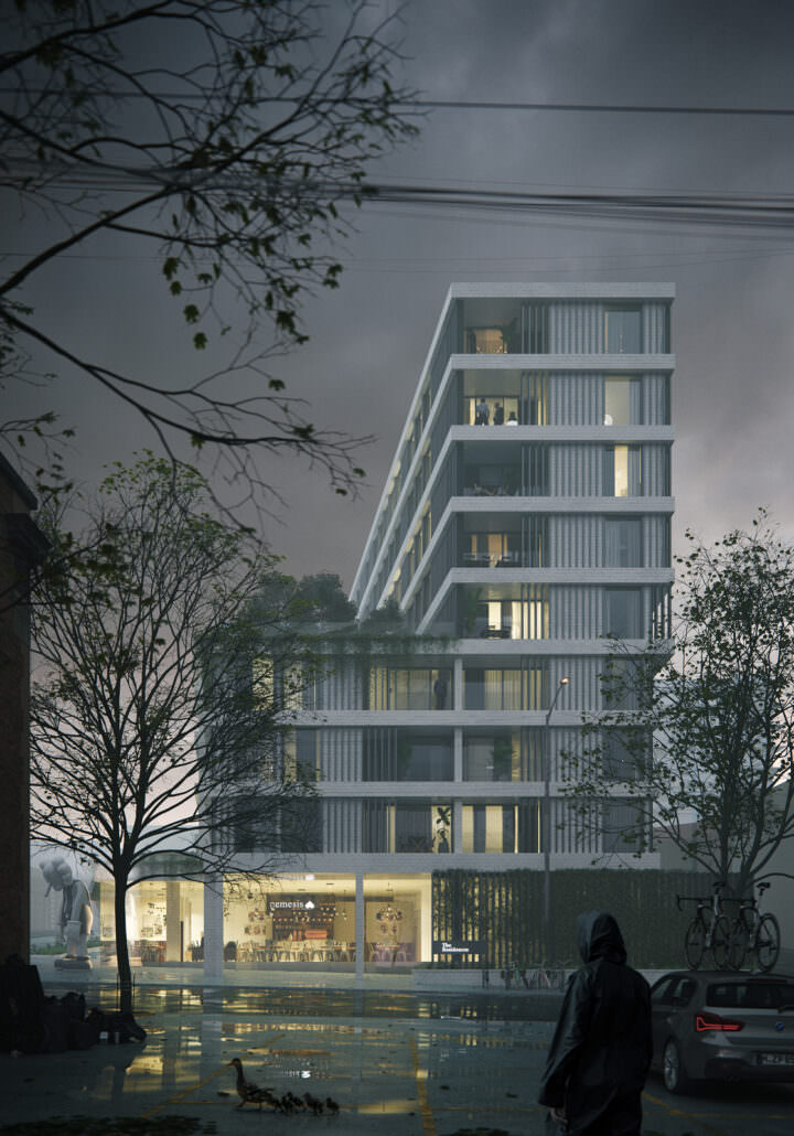 Rendu architectural 3D urbanistique d'un immeuble d'appartements au Canada dans une atmosphère brumeuse avec une personne en imperméable au premier plan et une mère canard avec des bébés canetons traversant la rue à proximité