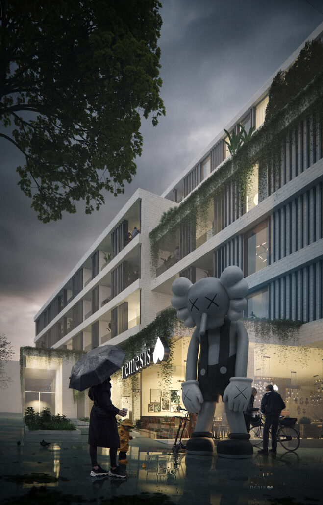 Visualisation architecturale 3D d'un café au rez-de-chaussée dans l’immeuble résidentiel avec une gigantesque sculpture de KAWS "Small Lie"