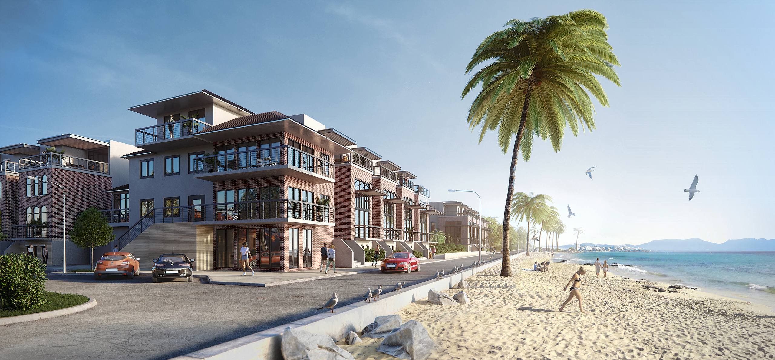 Résidence multifamiliale en rendu 3D avec une plage de sable avec des palmiers et l'océan de l'autre côté de la rue
