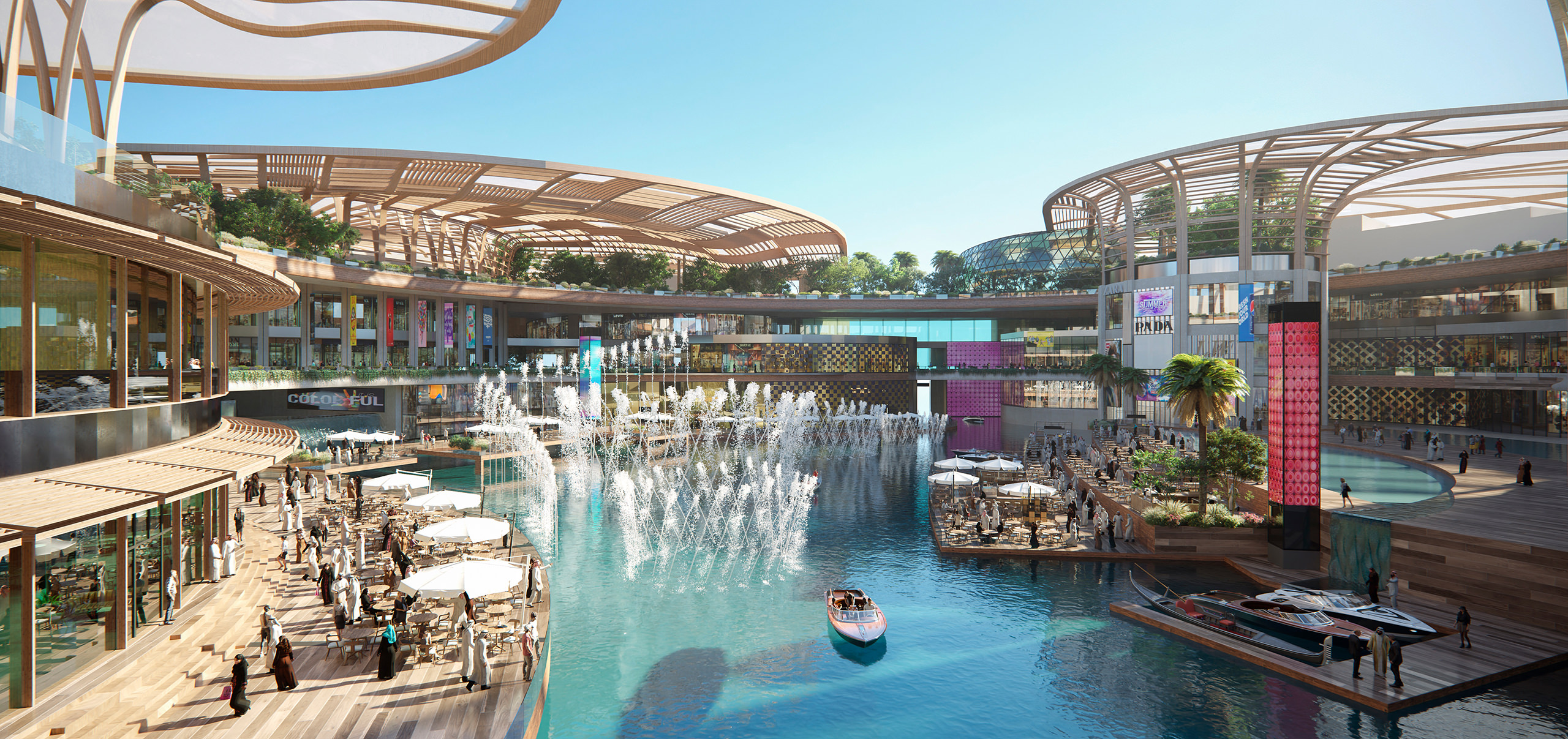 Visualisation 3D d'un centre commercial haut de gamme avec un patio au bord de l'eau avec plusieurs fontaines