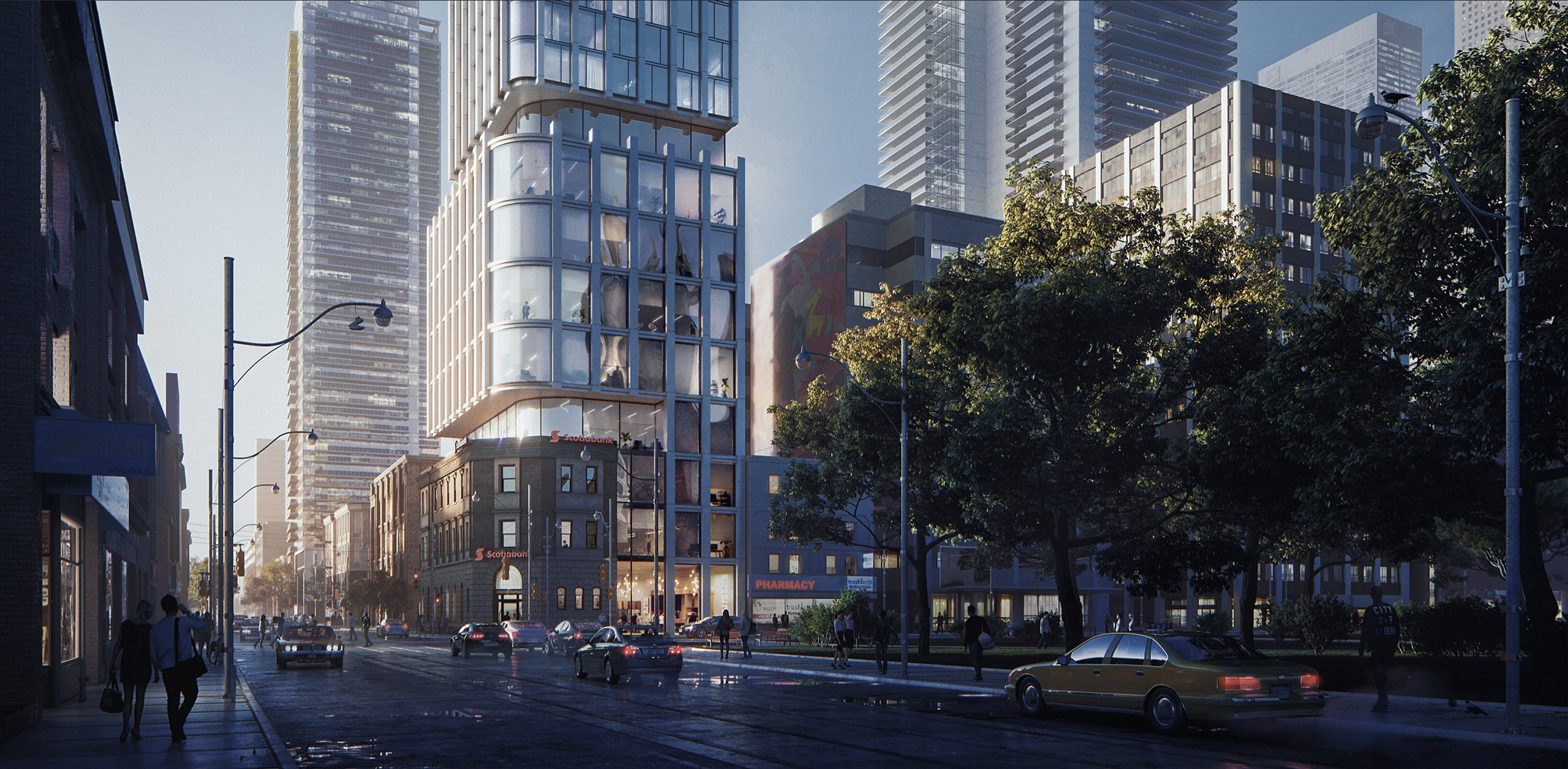 Visualisation 3D d'un immeuble de gratte-ciel au cœur de Toronto avec gros plan des commerces au niveau de la rue