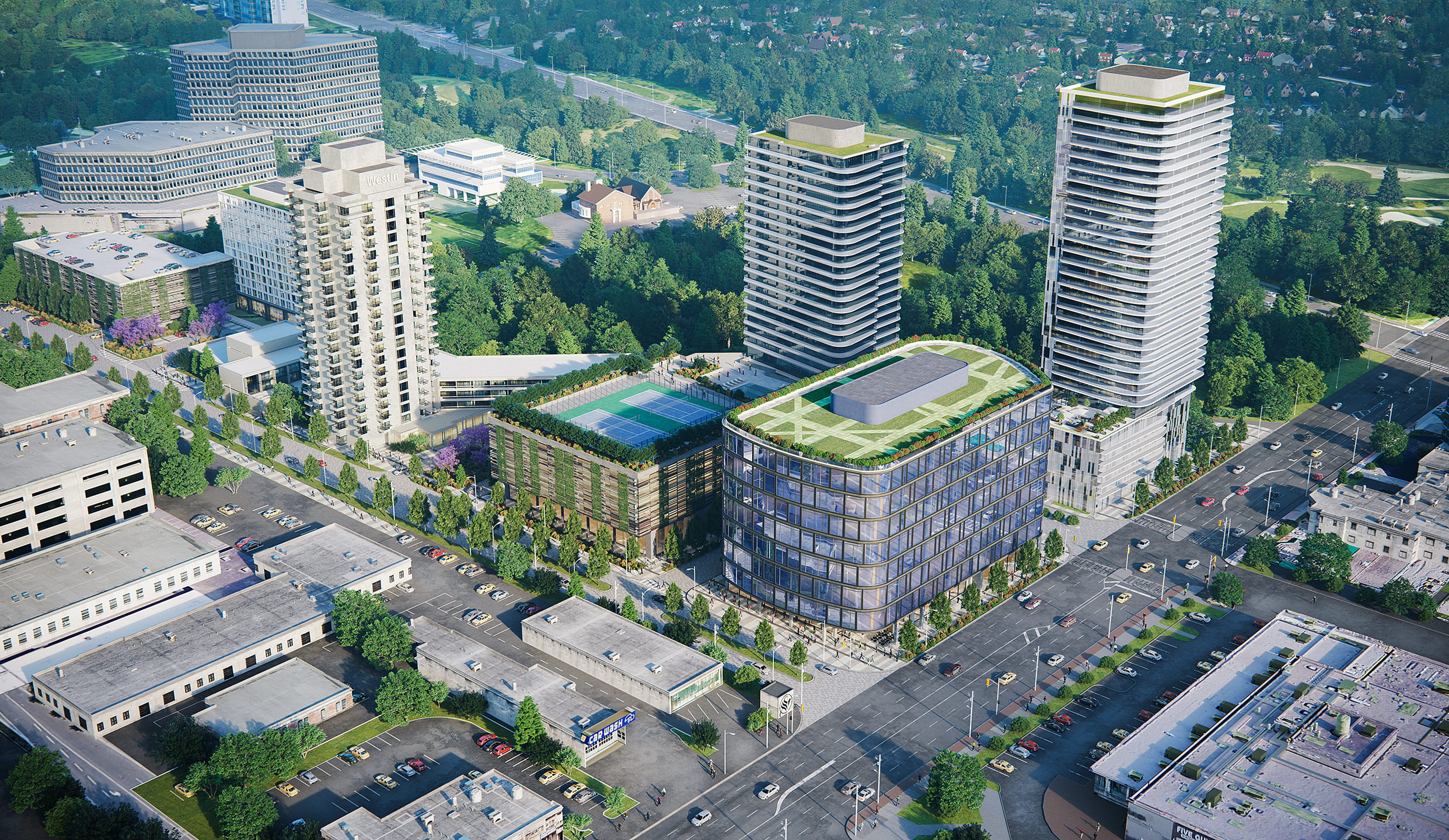Visualisation aérienne 3D du complexe hôtelier West Prince à Toronto au Canada, le complexe composé de trois tours résidentielles d'hauteur aménagées des courts de tennis et des terrasses végétalisées