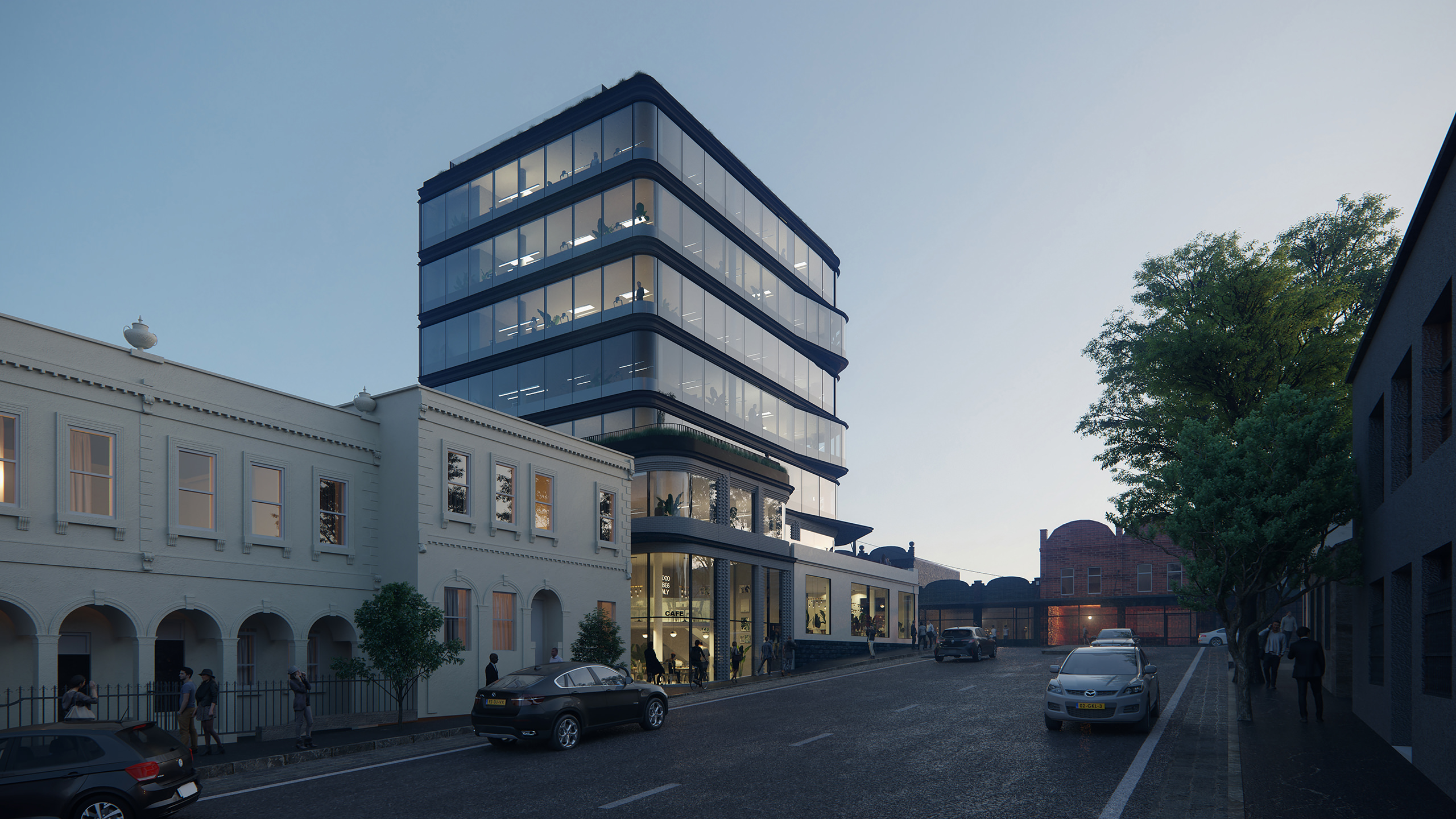 Visualisation architecturale d'un centre d'affaires avec des commerces au rez-de-chaussée et une cafétéria à côté des bâtiments historiques à Victoria, Australie