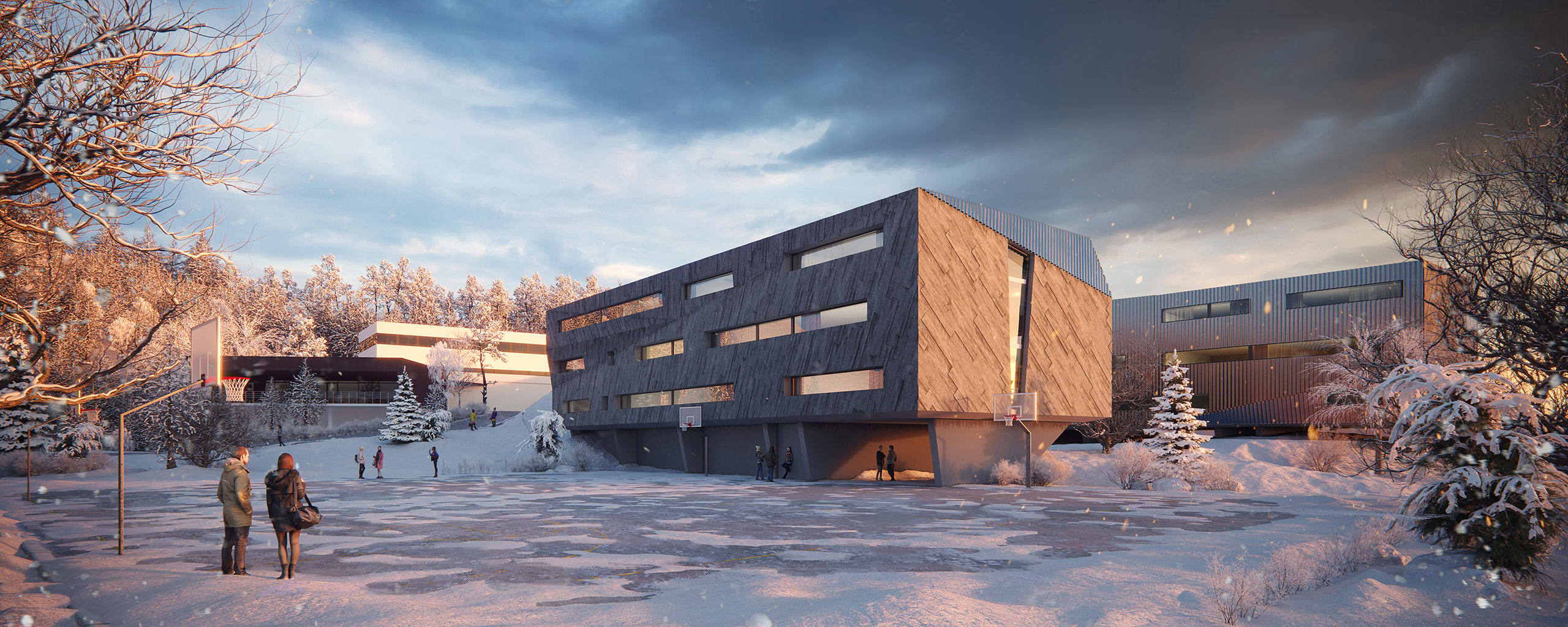 Visualisation extérieure hivernale d'une station de loisirs avec un terrain de basket enneigé au premier plan