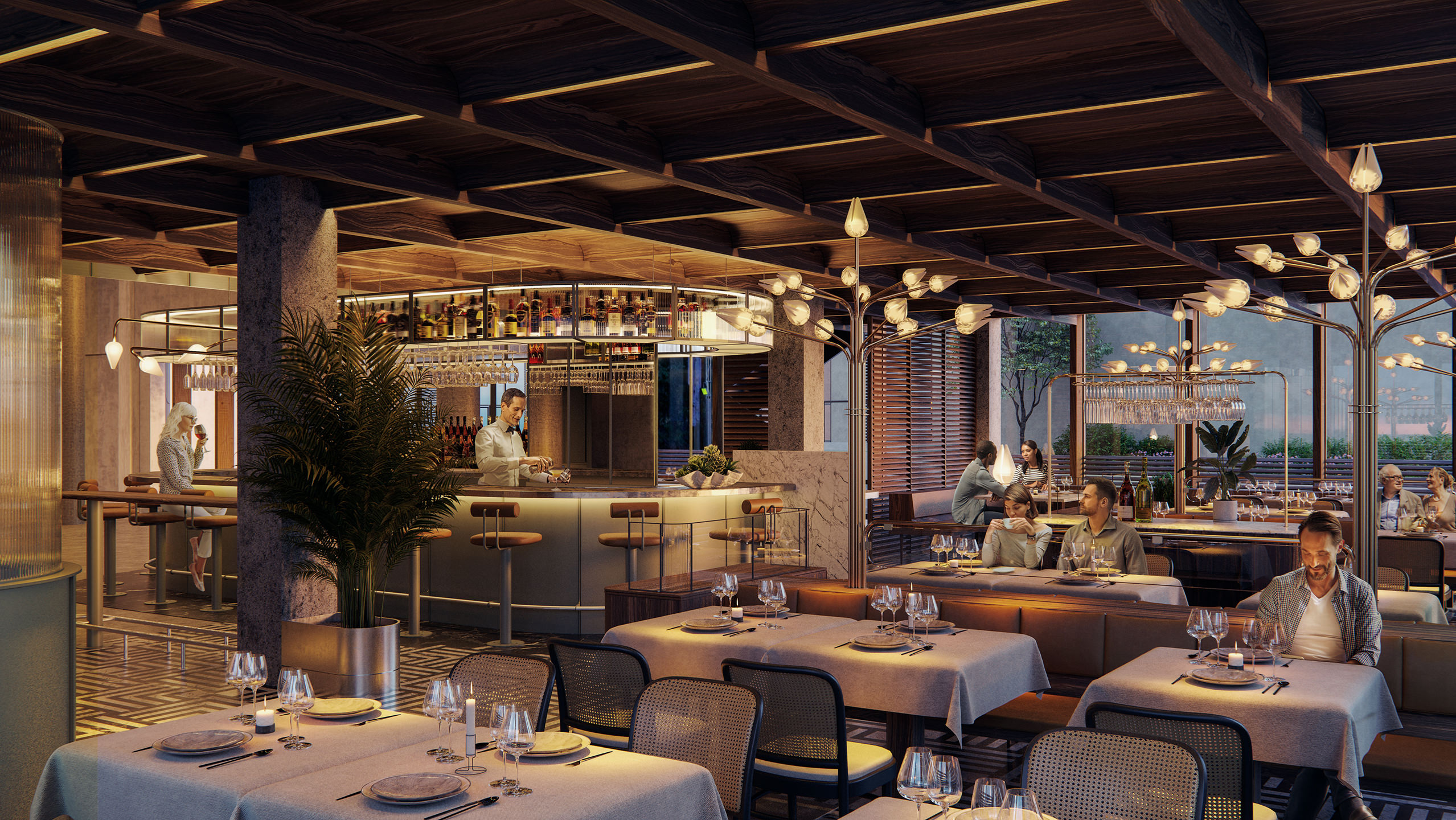 Visualisation 3D du restaurant avec vue sur la terrasse, éléments d'éclairage design et serveurs raffinés
