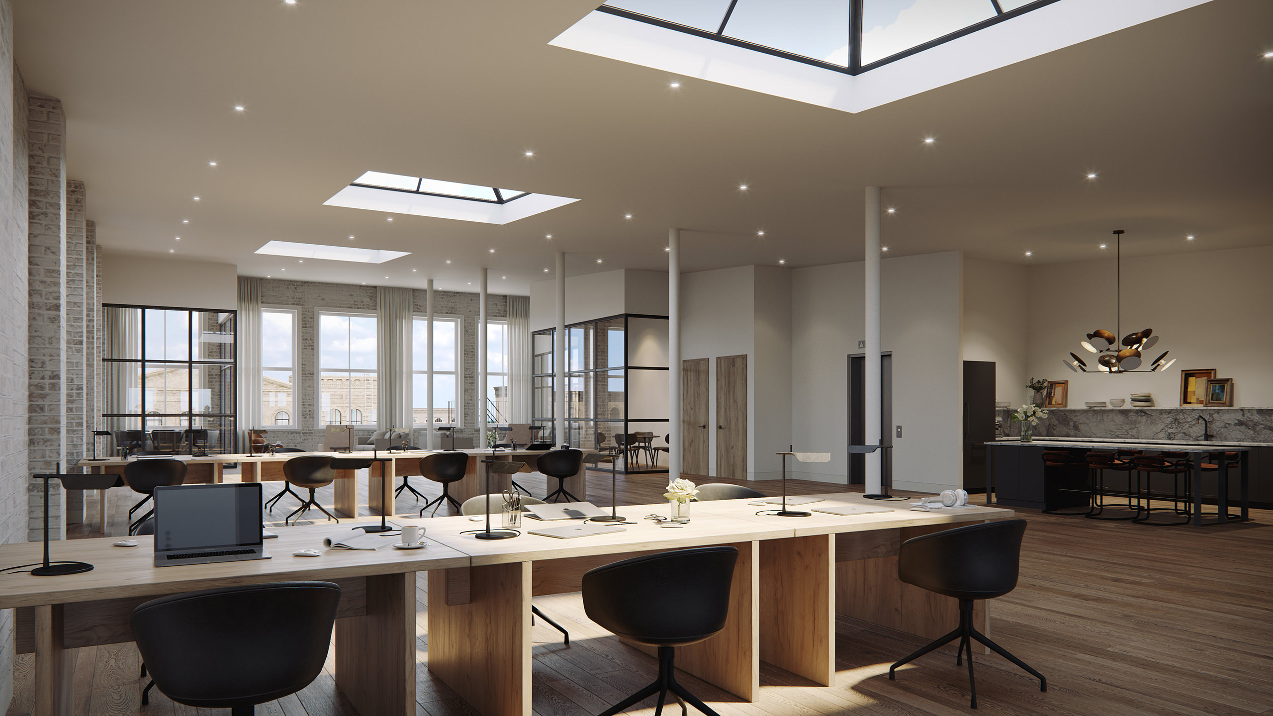 Visualisation 3D du bureau avec des ouvertures au plafond et une vue sur l'île de la cuisine