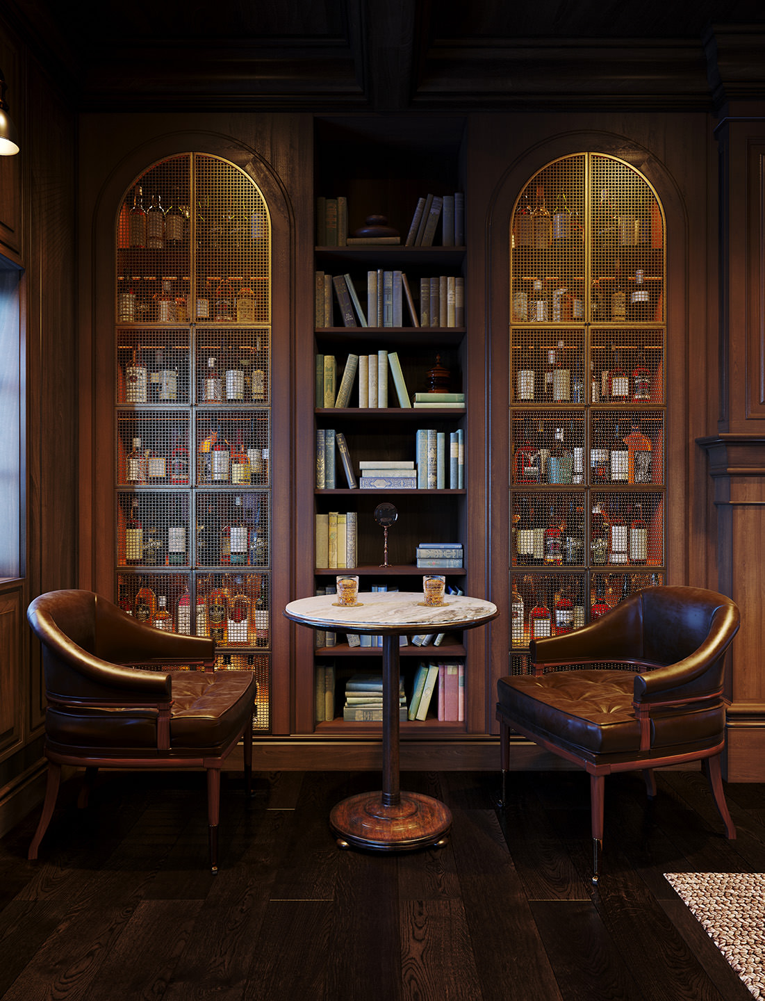 Image de synthèse intérieure 3D de la bibliothèque avec deux chaises en cuir et deux verres de whisky servis sur la table