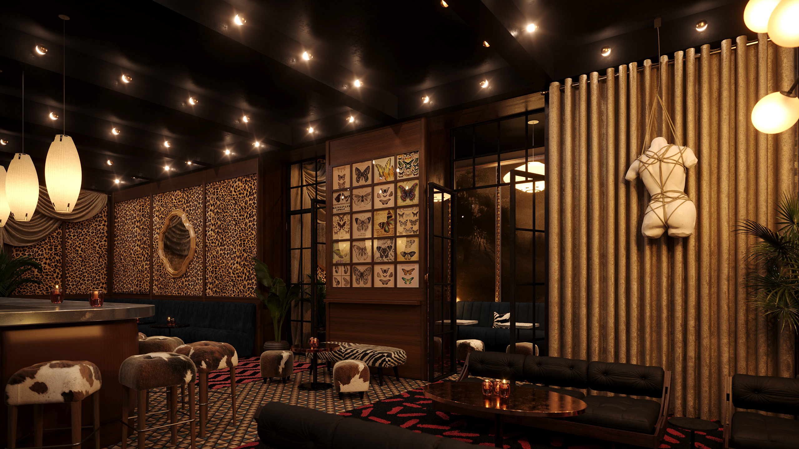 Image de synthèse intérieure 3D de haute qualité d'un restaurant avec des détails kitsch tels qu'un manequin bondagé, des finitions léopard et des banqyettes en peau de vache