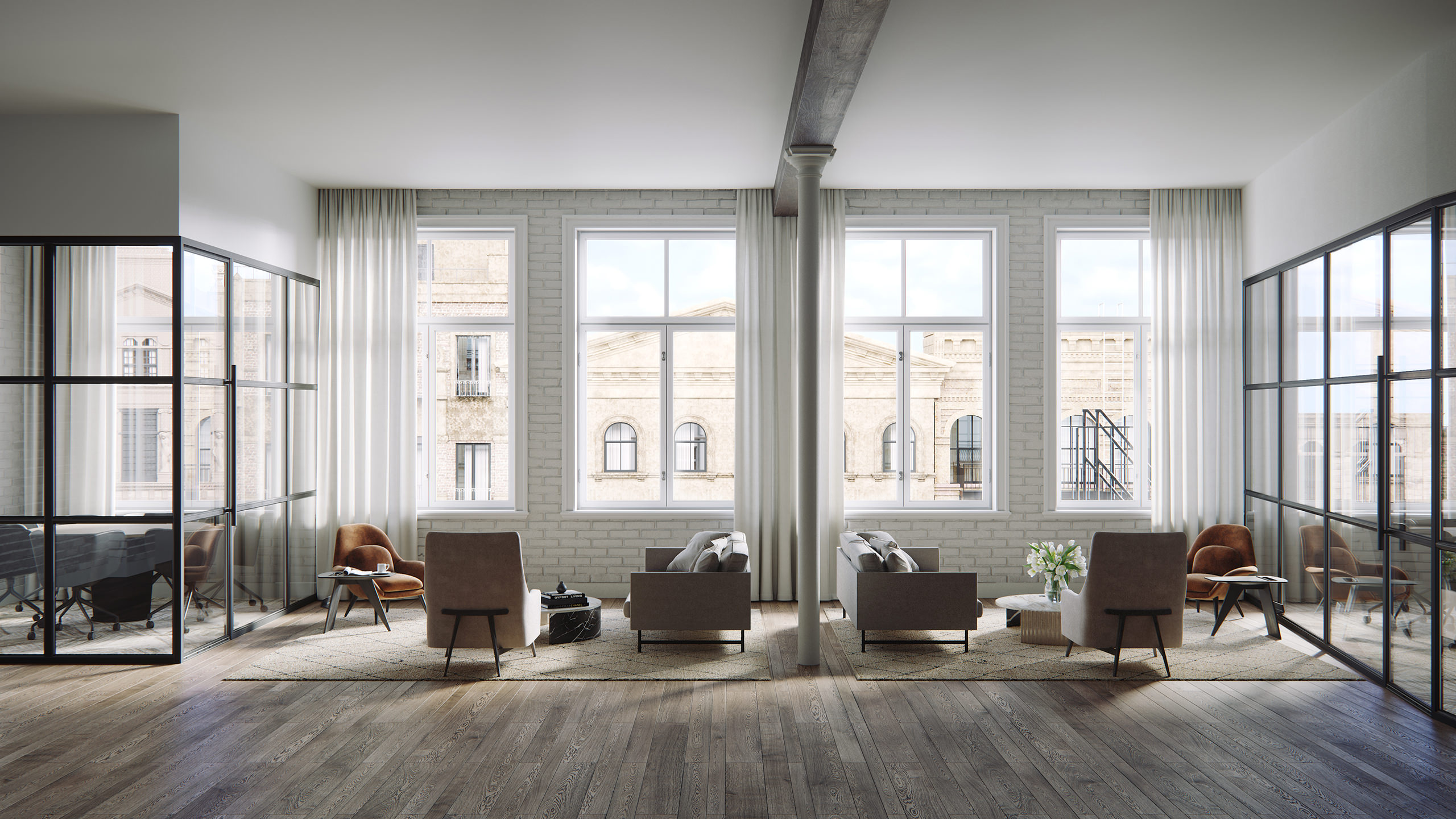 Visualisation intérieure 3D du salon de bureau à Soho avec un mobilier moderne et une belle vue sur la ville