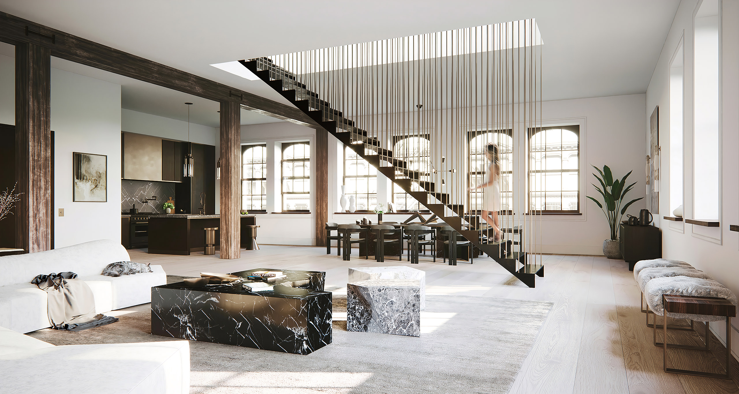 Visualisation intérieure 3D d'un loft new-yorkais avec escaliers suspendus et détails en marbre