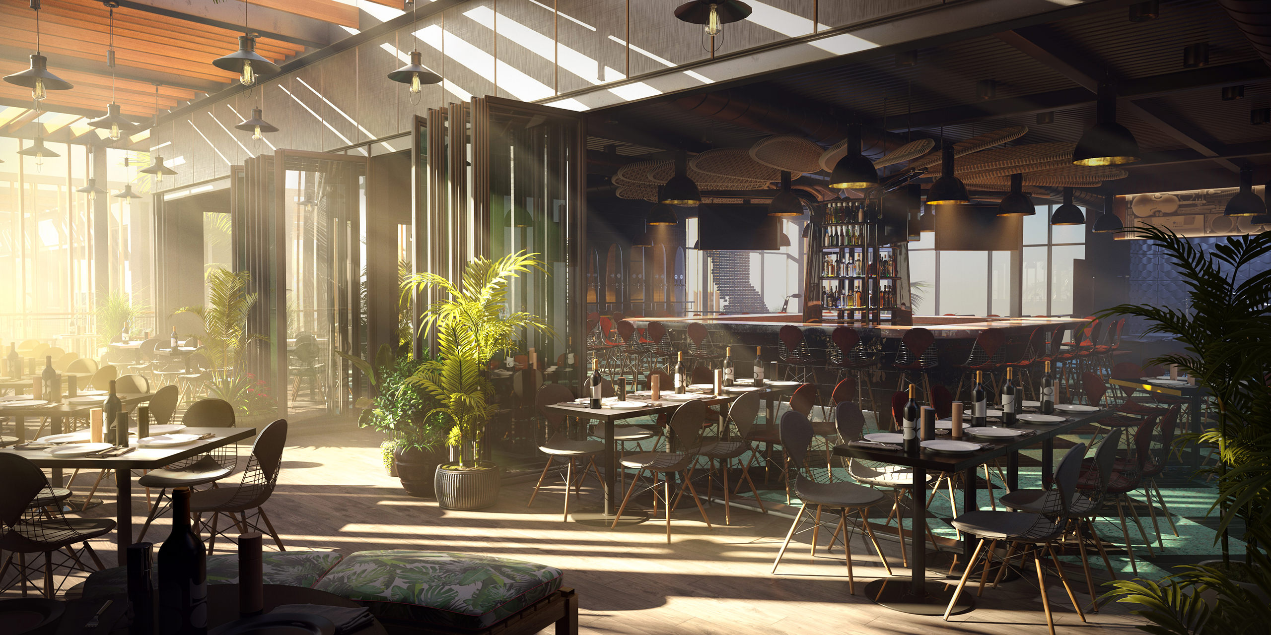 Visualisation 3D de l'intérieur d'un restaurant de style thaïlandais avec beaucoup de lumière naturelle