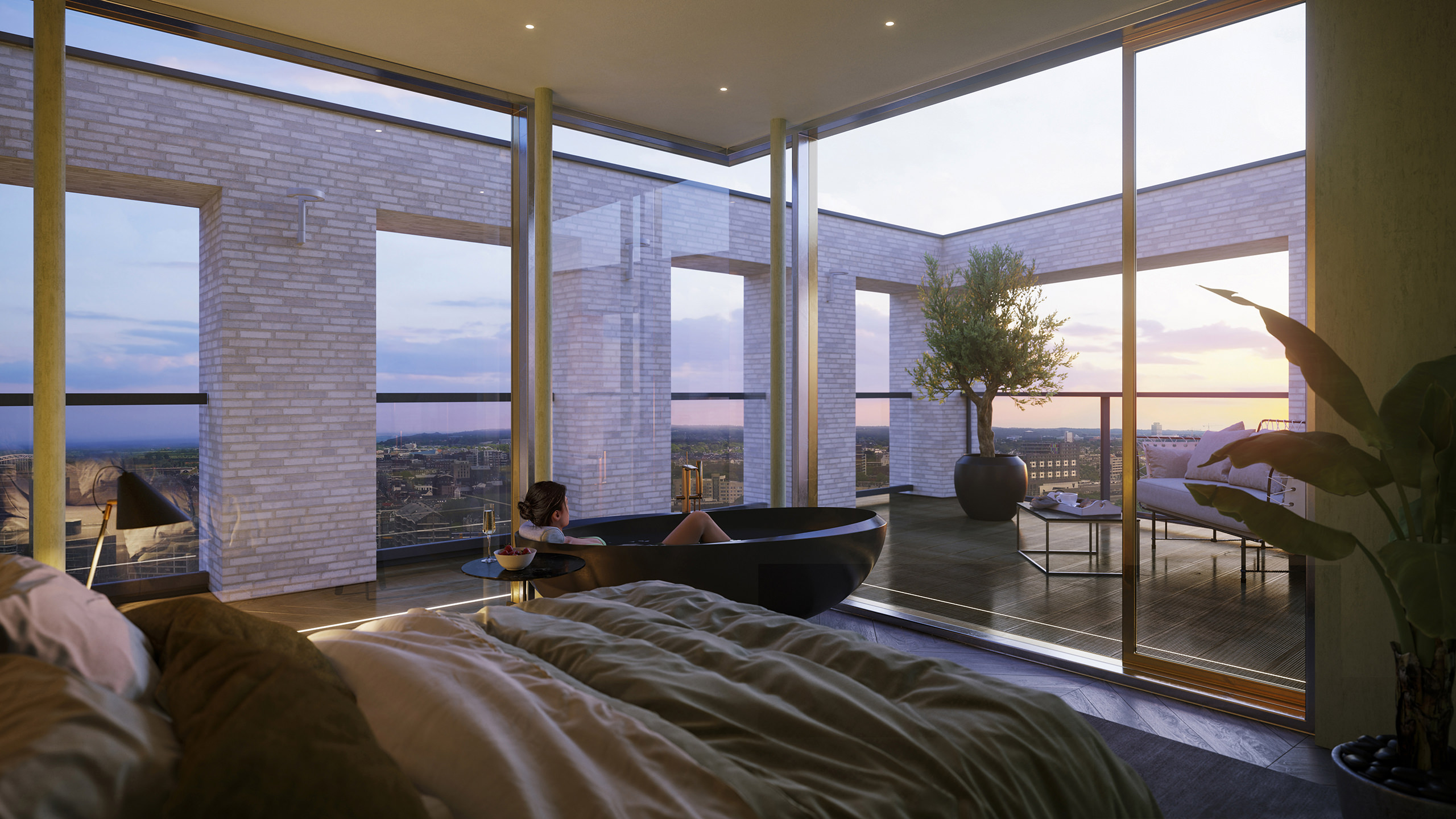 Rendu intérieur 3D luxueux d'un penthouse au dernier étage avec des fenêtres du sol au plafond et une fille dans un bain admirant la vue