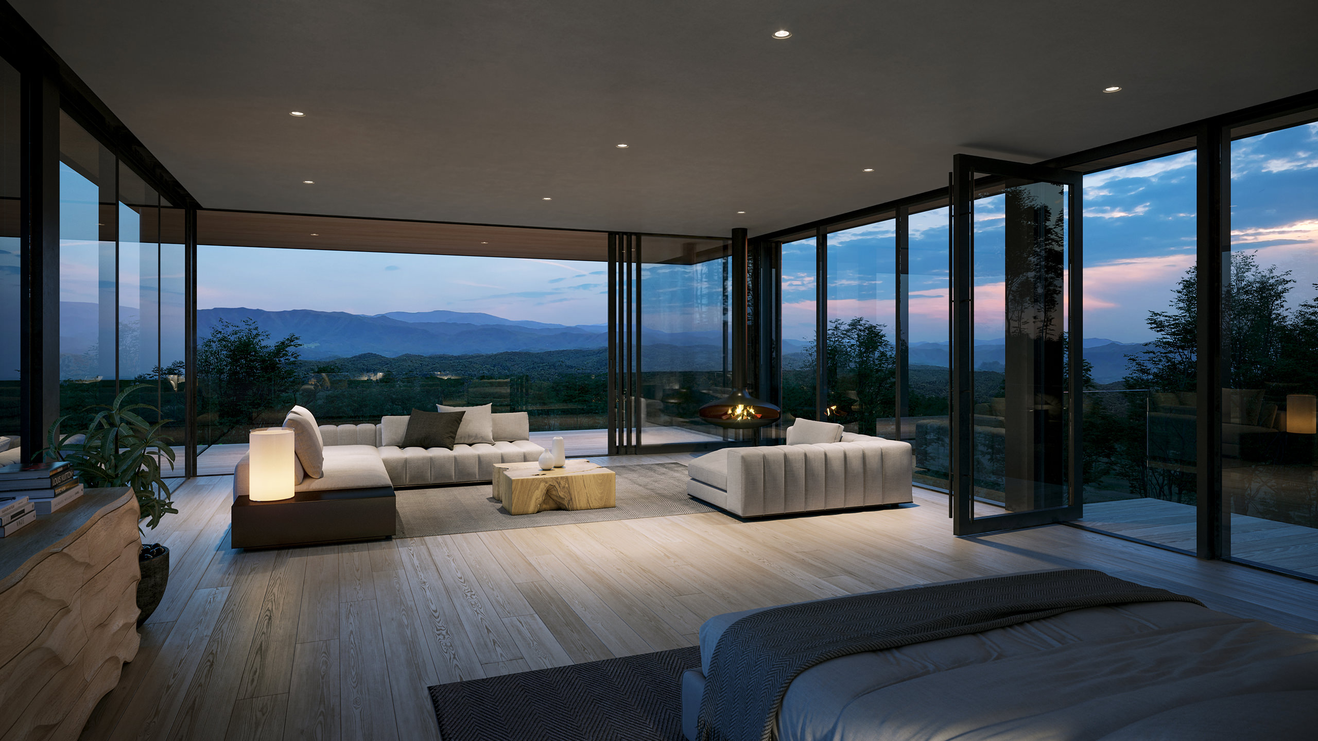 Rendu intérieur de penthouse 3D de haute qualité avec des baies vitrées, un sol stratifié et des meubles aux tons pastels