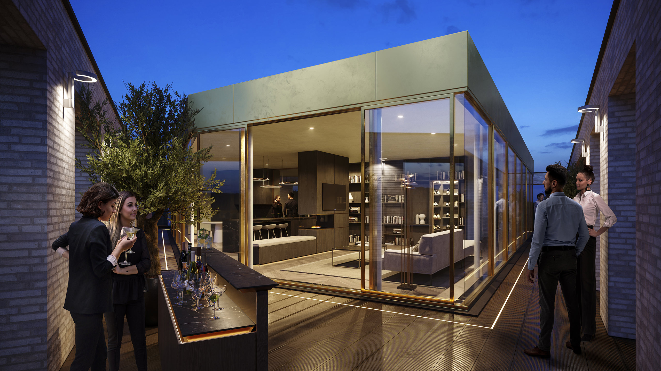 Visualisation de la terrasse intérieure 3D avec un réservoir en verre servant de bar au milieu