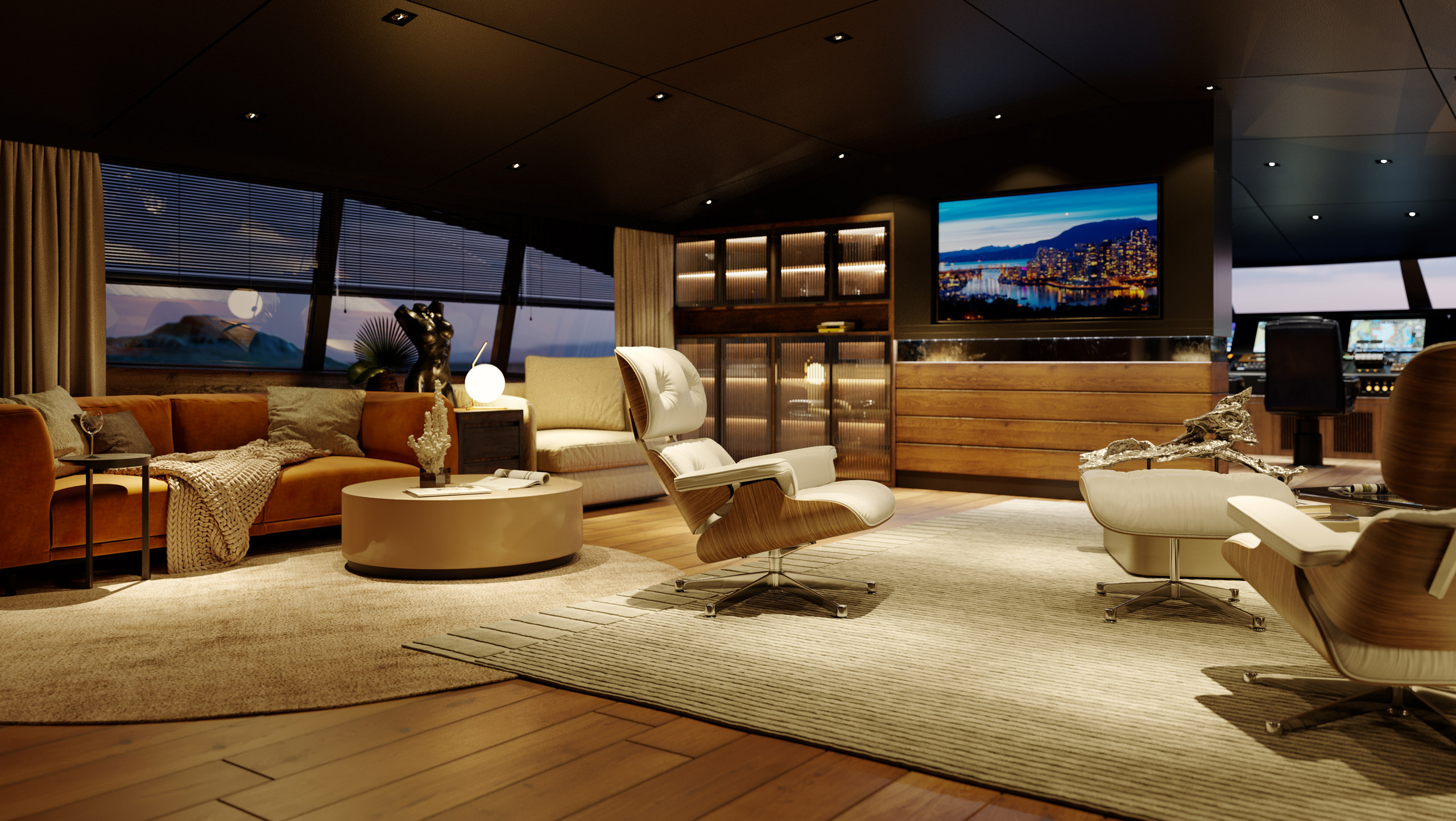 Visualisation 3D d'une zone lounge intérieure de yacht