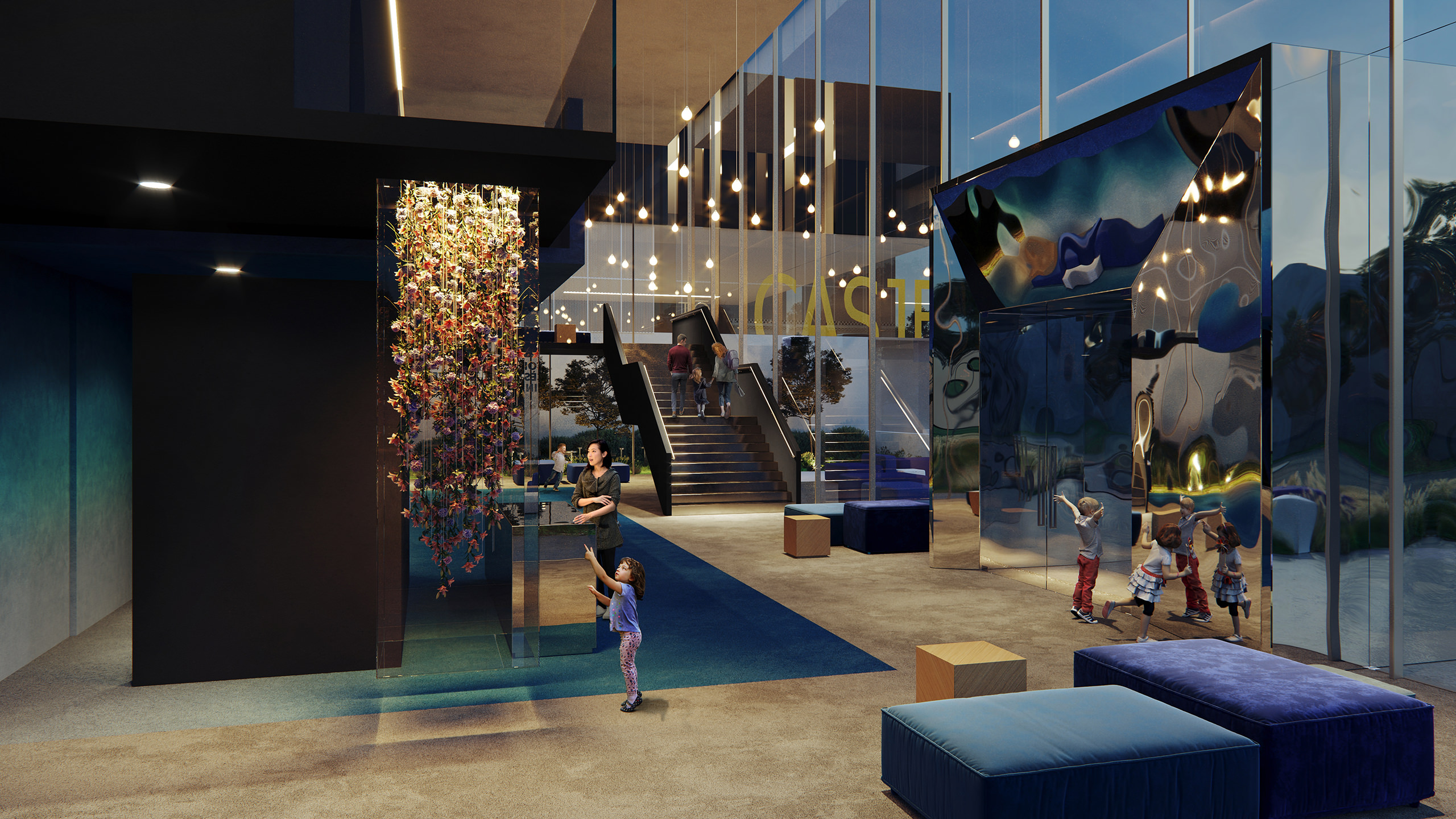 Visualisation intérieure 3D d'un hall hi-tech avec des enfants au premier plan et un mur floral