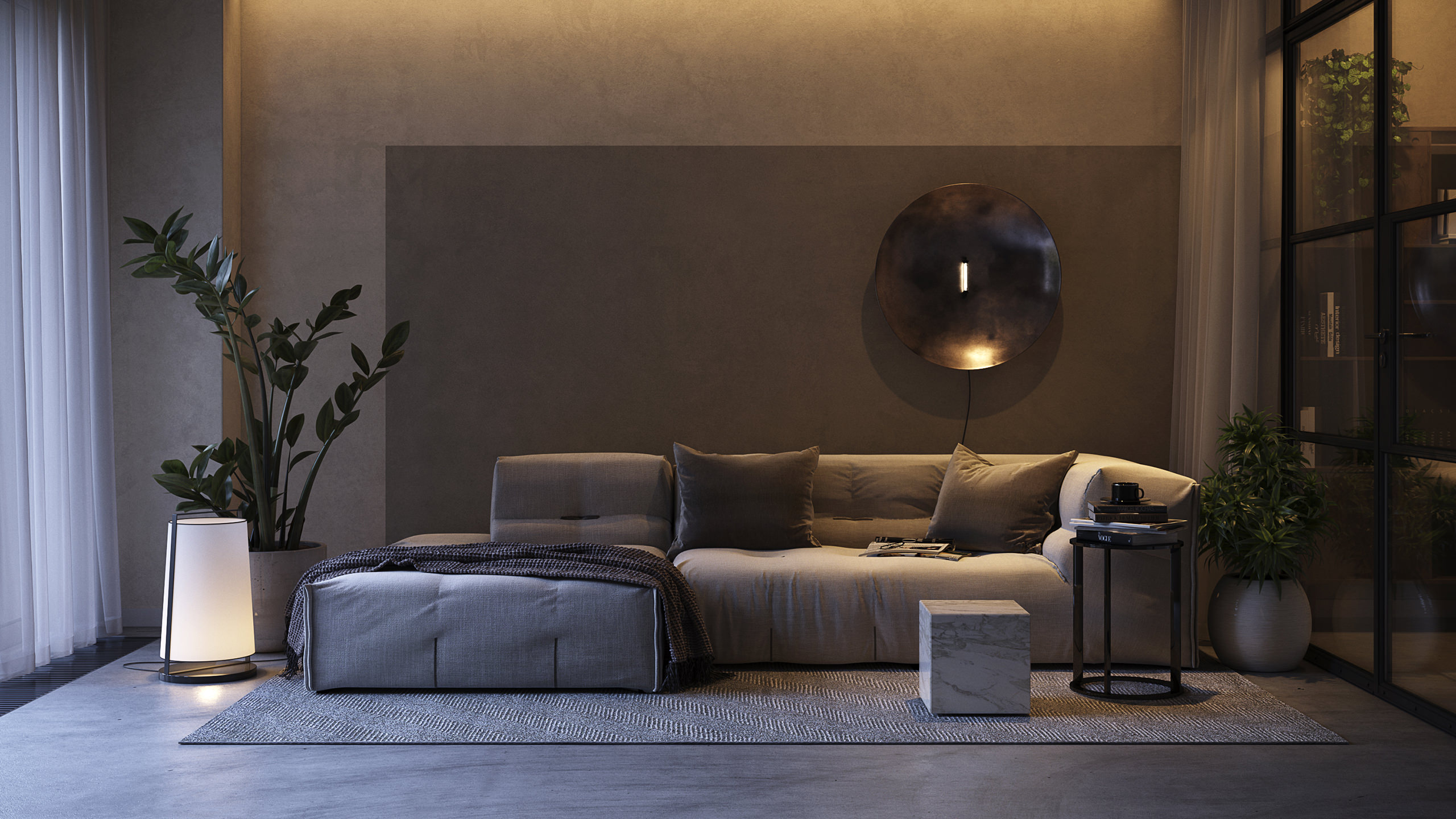 Visualisation 3D minimaliste du salon intérieur avec l'accent principal sur le canapé gris au centre