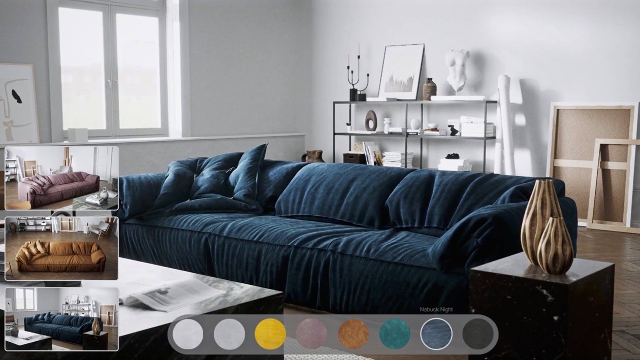 L'accent principal du rendu est sur un canapé à coussin simple nuit en nubuck installé dans un intérieur clair, et dans le coin gauche, il y a trois captures d'écran photo réelles du même canapé dans différentes couleurs et matériaux dans le même intérieur