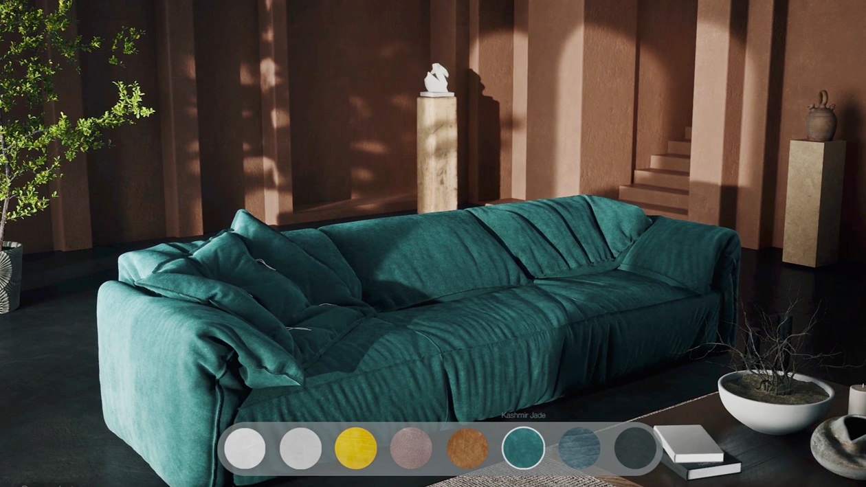 Un intérieur rendu en 3D avec des murs marron clair avec l'accent principal sur un canapé de salon en jade du Cachemire et un outil de sélection de finition qui permet au spectateur de voir différentes options de matériaux et de couleurs du canapé