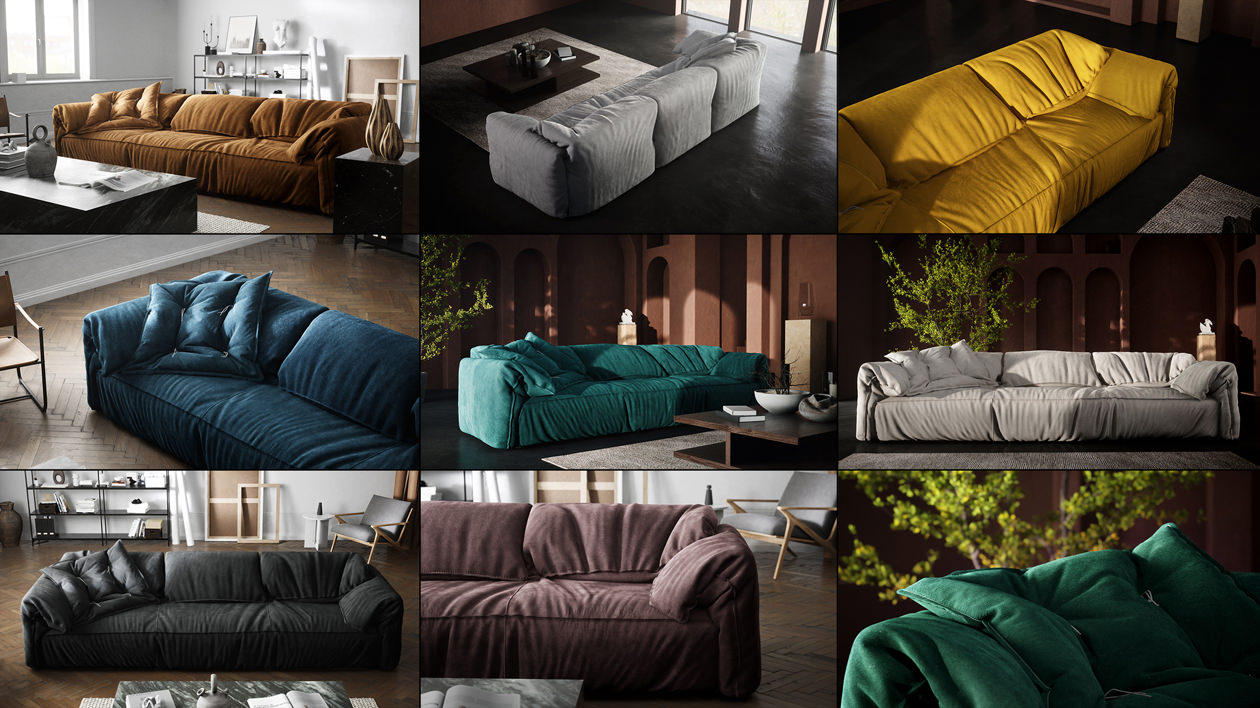 L'image se compose de neuf rendus de produit du même canapé avec un coussin plat assorti dans différentes finitions rendues dans deux types d'intérieur